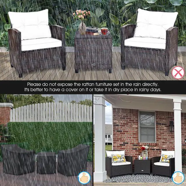 Alt view image 3 of 7 - Costway 3PCS Patio Rattan Furniture Set Cushioned Conversation Set Sofa Coffee Table Beige