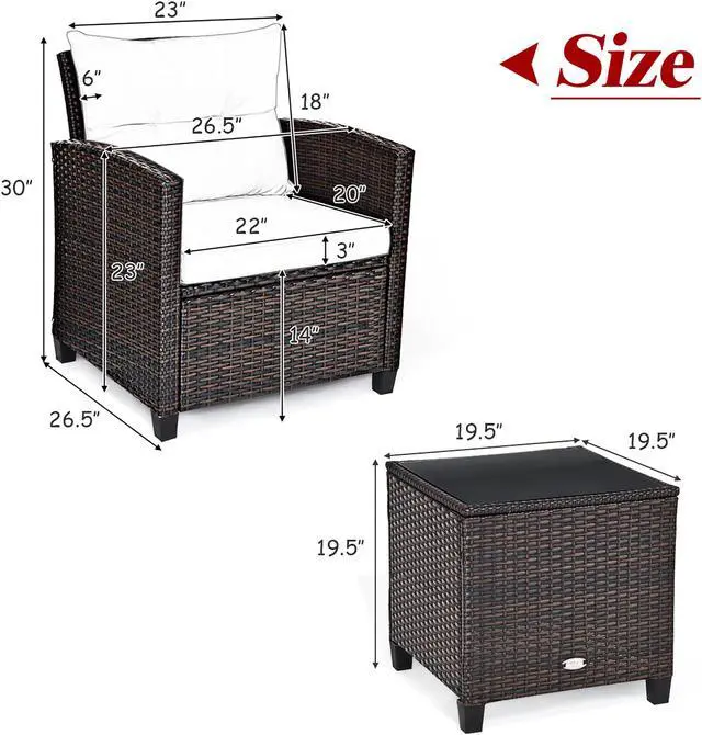 Alt view image 4 of 7 - Costway 3PCS Patio Rattan Furniture Set Cushioned Conversation Set Sofa Coffee Table Beige
