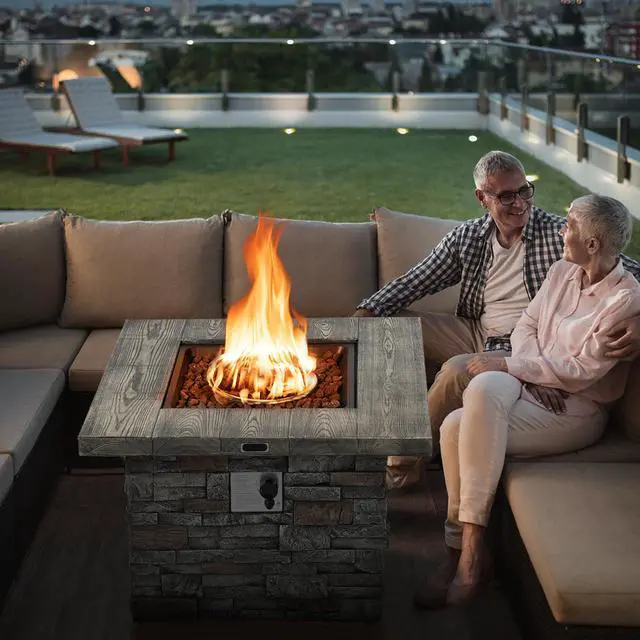 Alt view image 3 of 7 - Costway 34.5'' Square Propane Gas Fire Pit Table Faux Stone w/ Lava Rock PVC Cover