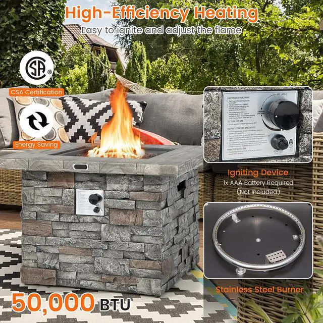 Alt view image 5 of 7 - Costway 34.5'' Square Propane Gas Fire Pit Table Faux Stone w/ Lava Rock PVC Cover