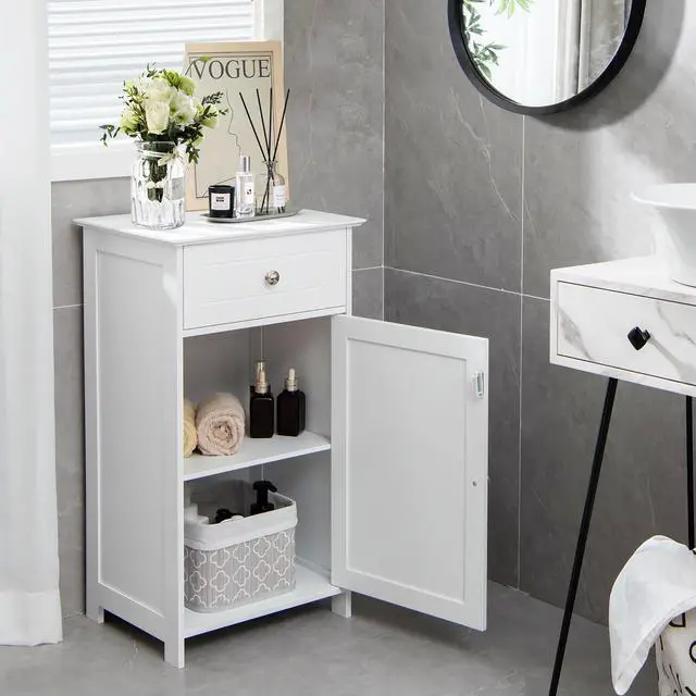 Alt view image 2 of 7 - White Floor Storage Cabinet Bathroom Organizer Cupboard Drawer Shelf Bath Towel