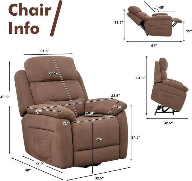Alt view image 4 of 7 - Costway Power Lift Recliner Chair Sofa  w/ Side Pocket & Remote Control Brown