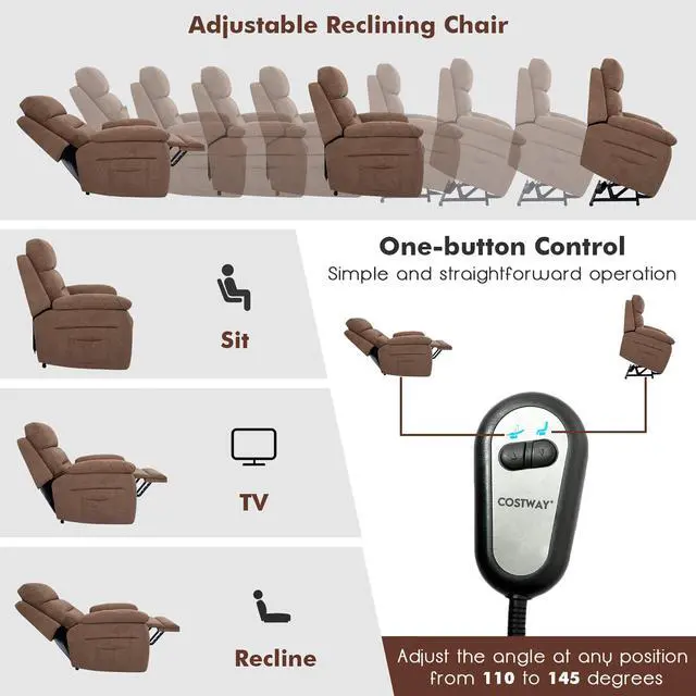 Alt view image 6 of 7 - Costway Power Lift Recliner Chair Sofa  w/ Side Pocket & Remote Control Brown