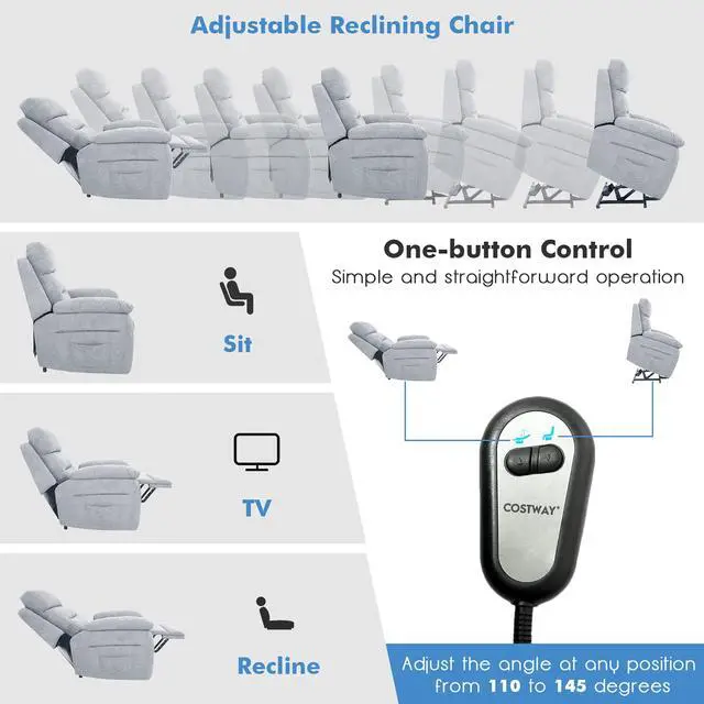Alt view image 5 of 7 - Costway Power Lift Recliner Chair Sofa for Elderly w/ Side Pocket & Remote Control Grey