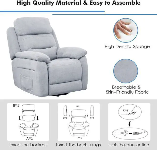Alt view image 7 of 7 - Costway Power Lift Recliner Chair Sofa for Elderly w/ Side Pocket & Remote Control Grey