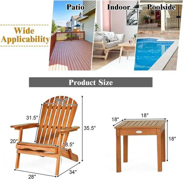 Alt view image 2 of 7 - Costway 3PCS  Patio Wooden Adirondack Chair Table Set Folding Seat Furniture Garden