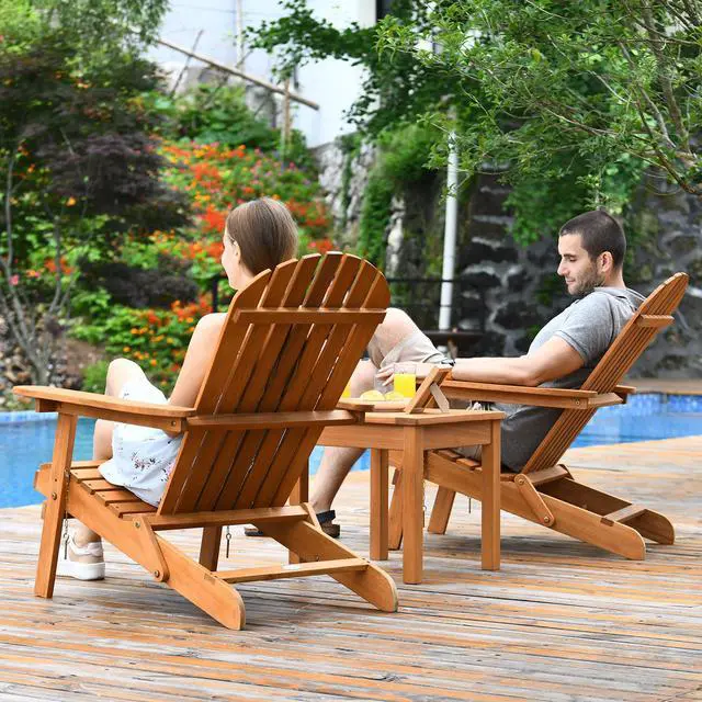Alt view image 6 of 7 - Costway 3PCS  Patio Wooden Adirondack Chair Table Set Folding Seat Furniture Garden