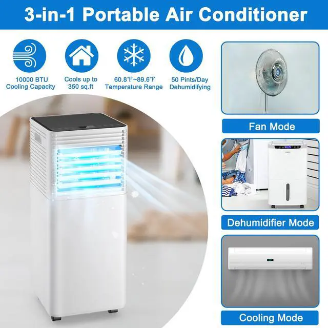 Alt view image 2 of 7 - Costway 6000 BTU (10000 BTU ASHRAE) Portable Air Conditioner 3-in-1 Air Cooler w/Dehumidifier & Fan Mode Black