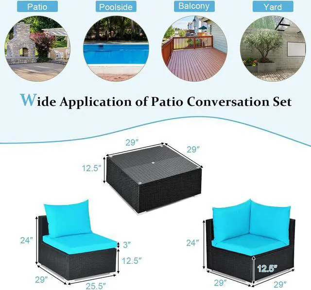 Alt view image 2 of 7 - Costway 7PCS Patio Wicker Sofa Set Sectional Conversation Furniture Set Garden Turquoise