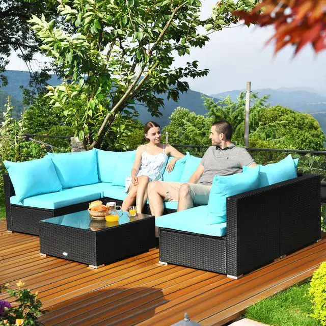 Alt view image 3 of 7 - Costway 7PCS Patio Wicker Sofa Set Sectional Conversation Furniture Set Garden Turquoise