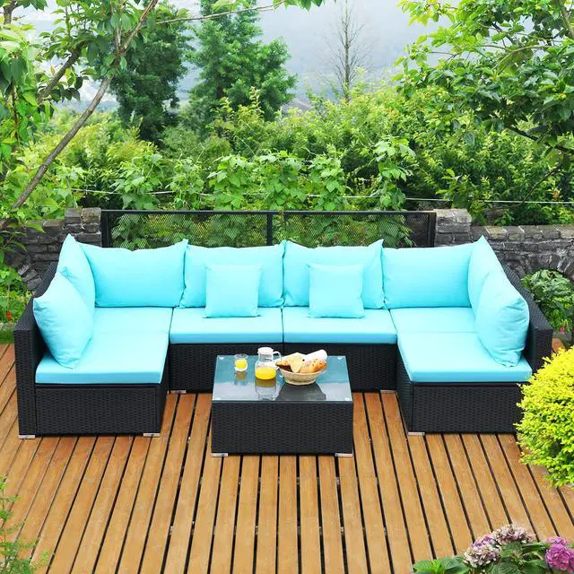 Main image of Costway 7PCS Patio Wicker Sofa Set Sectional Conversation Furniture Set Garden Turquoise