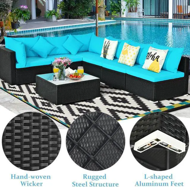 Alt view image 7 of 7 - Costway 7PCS Patio Wicker Sofa Set Sectional Conversation Furniture Set Garden Turquoise
