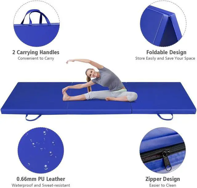 Alt view image 7 of 7 - Blue Tri-Fold Gymnastics Mat 6'x2' Folding Fitness Exercise w/ Carrying Handles