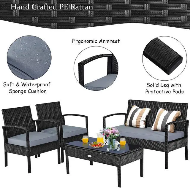 Alt view image 7 of 7 - 4 PCS Outdoor Patio Rattan Wicker Furniture Set Table Sofa Cushioned Deck Black