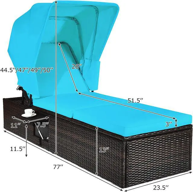 Alt view image 6 of 7 - Costway Patio Rattan Lounge Chair Chaise Cushioned Top Canopy Adjustable Turquoise