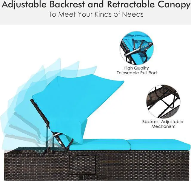 Alt view image 3 of 7 - Costway Patio Rattan Lounge Chair Chaise Cushioned Top Canopy Adjustable Turquoise