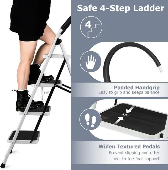 Alt view image 6 of 7 - Costway 4 Step Ladder Folding Stool Heavy Duty 330Lbs Capacity Industrial Lightweight