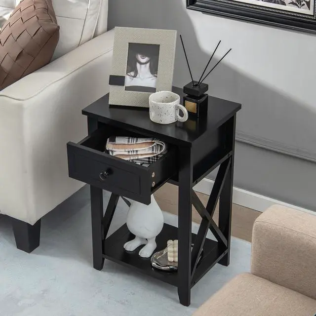 Alt view image 2 of 7 - Costway Nightstand Sofa Side End Table W/ Drawer & Shelf Bedroom Black