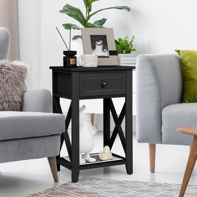 Alt view image 4 of 7 - Costway Nightstand Sofa Side End Table W/ Drawer & Shelf Bedroom Black