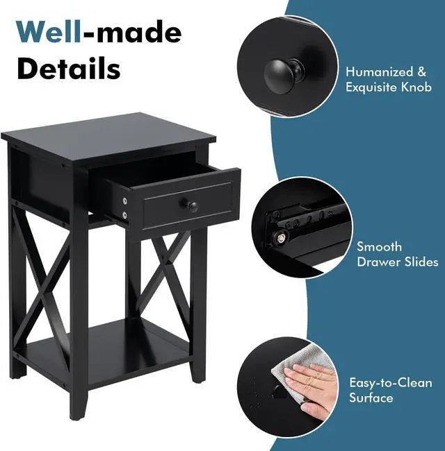 Alt view image 6 of 7 - Costway Nightstand Sofa Side End Table W/ Drawer & Shelf Bedroom Black