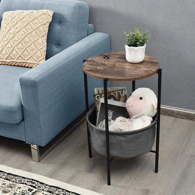 Alt view image 2 of 7 - Costway Set of 2 Industrial Round End Side Table Sofa Coffee Table w/ Storage Basket