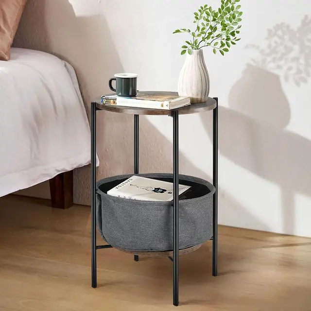 Alt view image 3 of 7 - Costway Industrial Round End Side Table Sofa Coffee Table w/ Storage Basket&Metal Frame