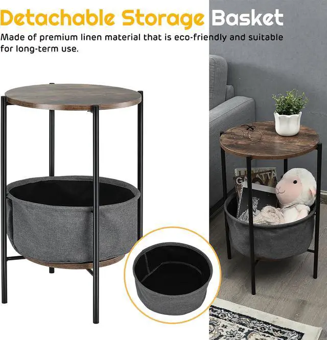 Alt view image 5 of 7 - Costway Industrial Round End Side Table Sofa Coffee Table w/ Storage Basket&Metal Frame