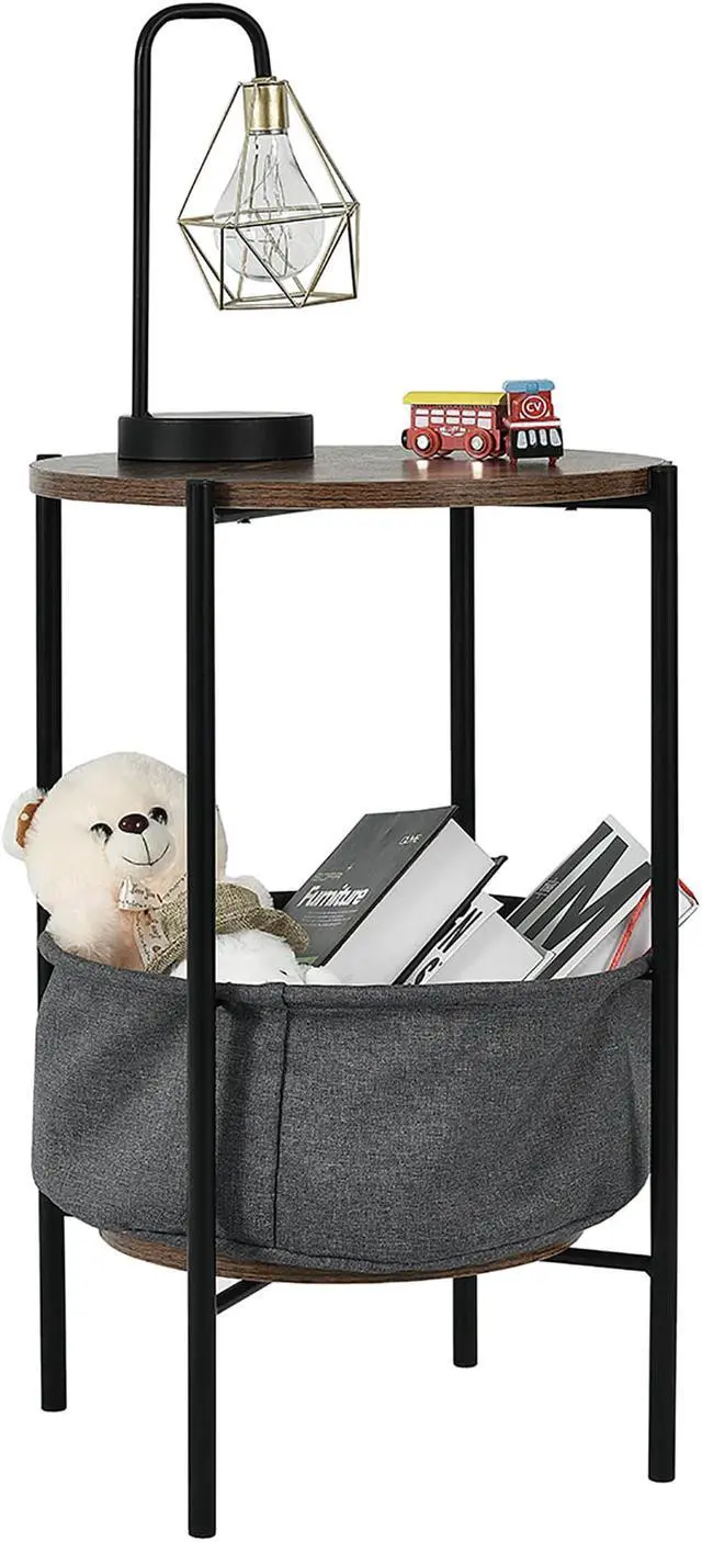 Alt view image 7 of 7 - Costway Industrial Round End Side Table Sofa Coffee Table w/ Storage Basket&Metal Frame