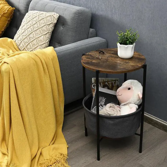 Alt view image 4 of 7 - Costway Industrial Round End Side Table Sofa Coffee Table w/ Storage Basket&Metal Frame
