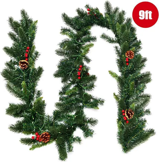Alt view image 2 of 7 - Costway 9Ft Pre-lit Artificial Christmas Garland Red Berries w/ 100 LED Lights & Timer