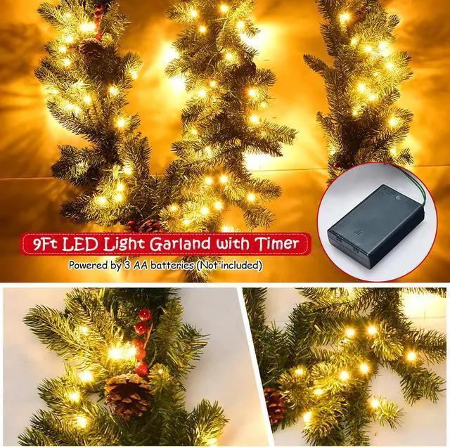 Alt view image 7 of 7 - Costway 9Ft Pre-lit Artificial Christmas Garland Red Berries w/ 100 LED Lights & Timer