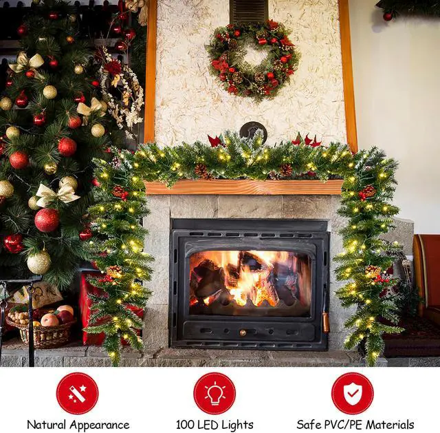 Alt view image 6 of 7 - Costway 9Ft Pre-lit Artificial Christmas Garland Red Berries w/ 100 LED Lights & Timer