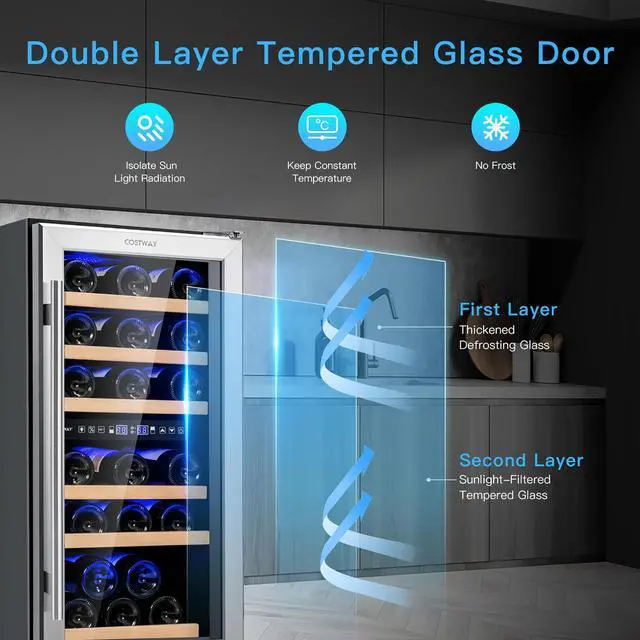Alt view image 5 of 7 - Costway 30-Bottle Freestanding Wine Cooler 15''Dual Zones Wine Cellar w/ Temp Memory