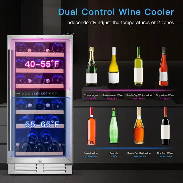 Alt view image 4 of 7 - Costway 30-Bottle Freestanding Wine Cooler 15''Dual Zones Wine Cellar w/ Temp Memory