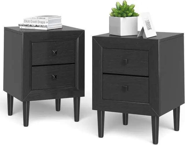 Main image of Costway 2 PCS Nightstand End Bedside Coffee Table Wooden Leg Drawers Black