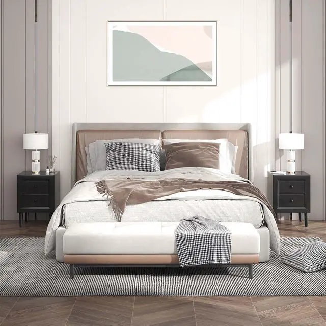 Alt view image 2 of 7 - Costway 2 PCS Nightstand End Bedside Coffee Table Wooden Leg Drawers Black