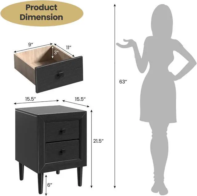 Alt view image 4 of 7 - Costway 2 PCS Nightstand End Bedside Coffee Table Wooden Leg Drawers Black