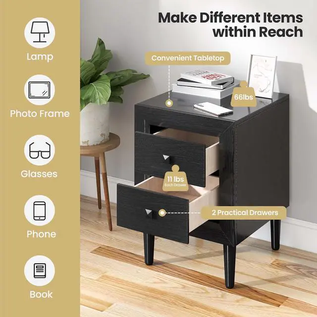 Alt view image 5 of 7 - Costway 2 PCS Nightstand End Bedside Coffee Table Wooden Leg Drawers Black