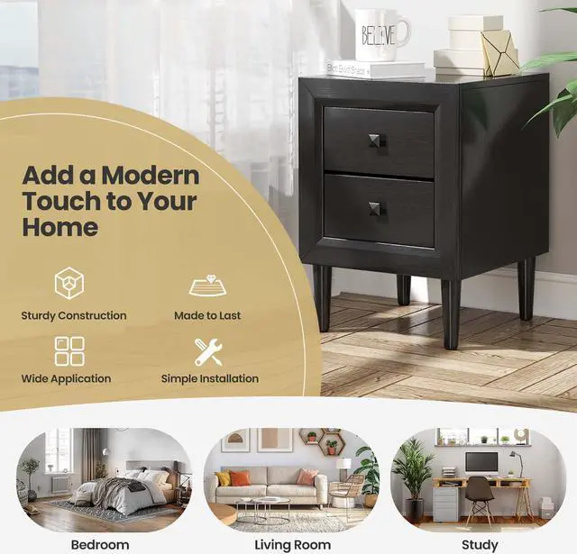 Alt view image 6 of 7 - Costway 2 PCS Nightstand End Bedside Coffee Table Wooden Leg Drawers Black