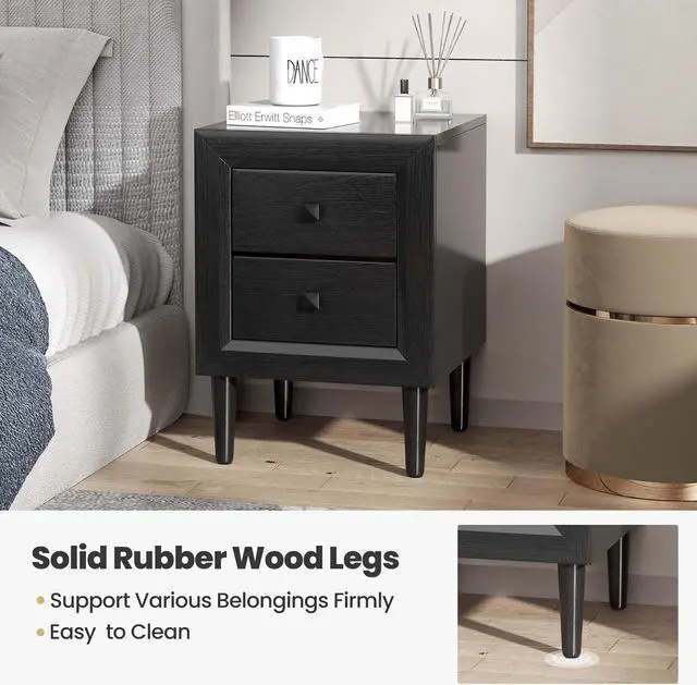 Alt view image 7 of 7 - Costway 2 PCS Nightstand End Bedside Coffee Table Wooden Leg Drawers Black