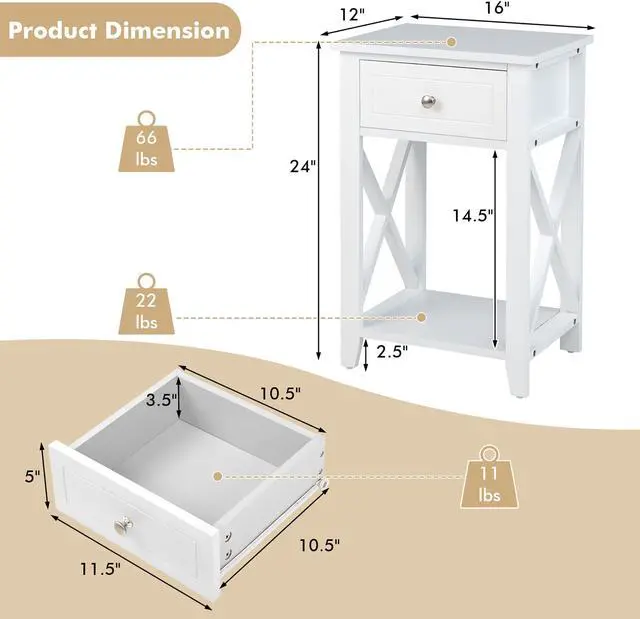 Alt view image 5 of 7 - Costway Nightstand Sofa Side End Table with Drawer & Shelf Bedroom Furniture White