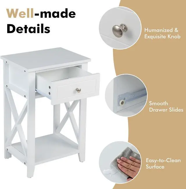 Alt view image 6 of 7 - Costway Nightstand Sofa Side End Table with Drawer & Shelf Bedroom Furniture White