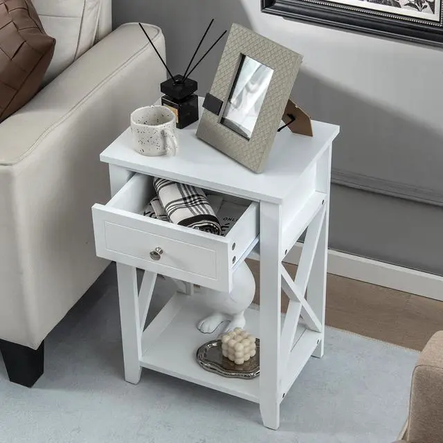 Alt view image 2 of 7 - Costway Nightstand Sofa Side End Table with Drawer & Shelf Bedroom Furniture White