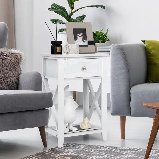 Alt view image 4 of 7 - Costway Nightstand Sofa Side End Table with Drawer & Shelf Bedroom Furniture White