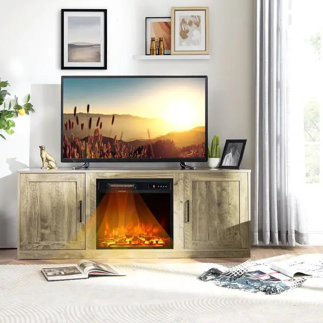 Alt view image 3 of 7 - Costway 58'' Fireplace TV Stand Entertainment Console W/ 18'' Electric Fireplace Natural