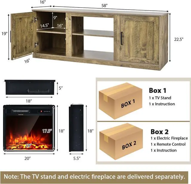 Alt view image 4 of 7 - Costway 58'' Fireplace TV Stand Entertainment Console W/ 18'' Electric Fireplace Natural