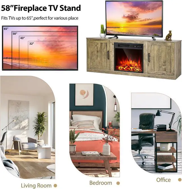 Alt view image 6 of 7 - Costway 58'' Fireplace TV Stand Entertainment Console W/ 18'' Electric Fireplace Natural