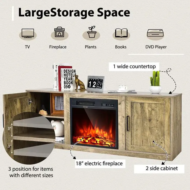 Alt view image 7 of 7 - Costway 58'' Fireplace TV Stand Entertainment Console W/ 18'' Electric Fireplace Natural