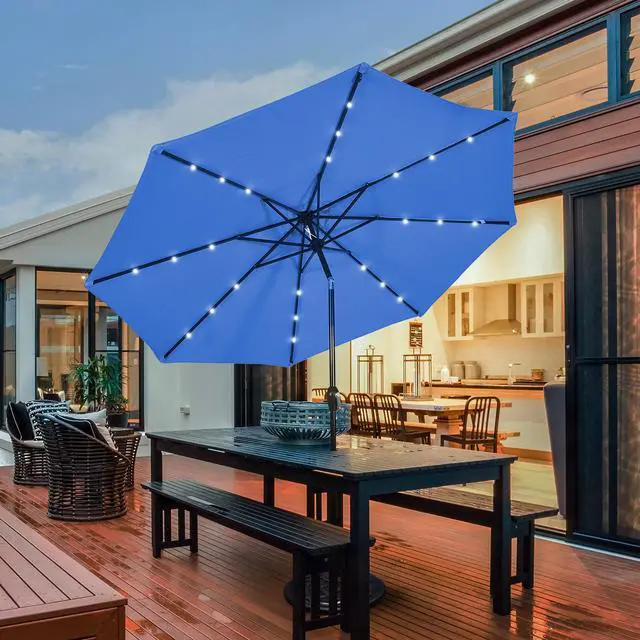 Alt view image 4 of 7 - Costway 10FT Patio Solar Umbrella LED Patio Market Steel Tilt W/ Crank Outdoor Blue New
