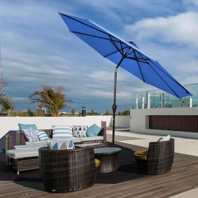 Alt view image 6 of 7 - Costway 10FT Patio Solar Umbrella LED Patio Market Steel Tilt W/ Crank Outdoor Blue New